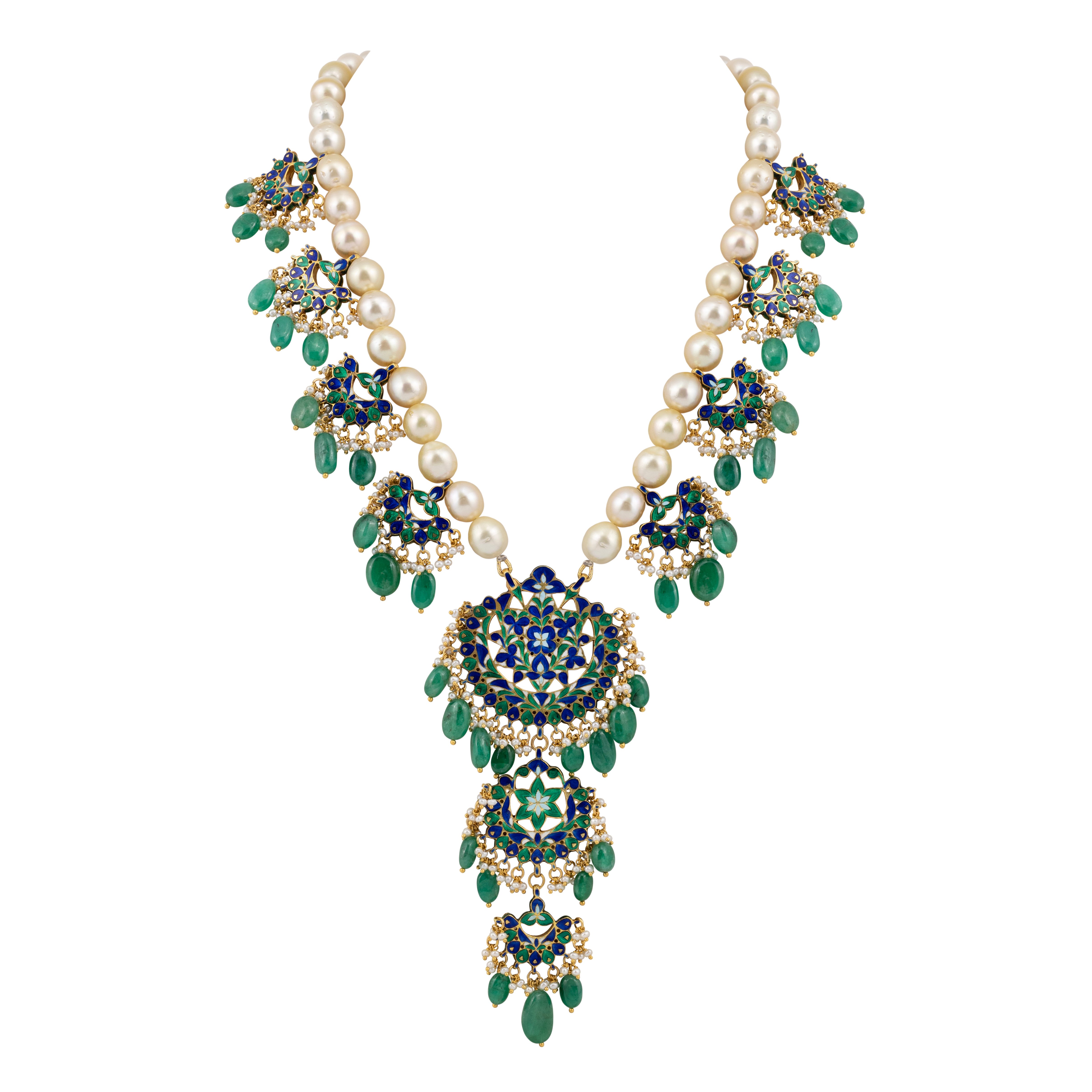 Pearl Chandbali Necklace with Emerald Drops